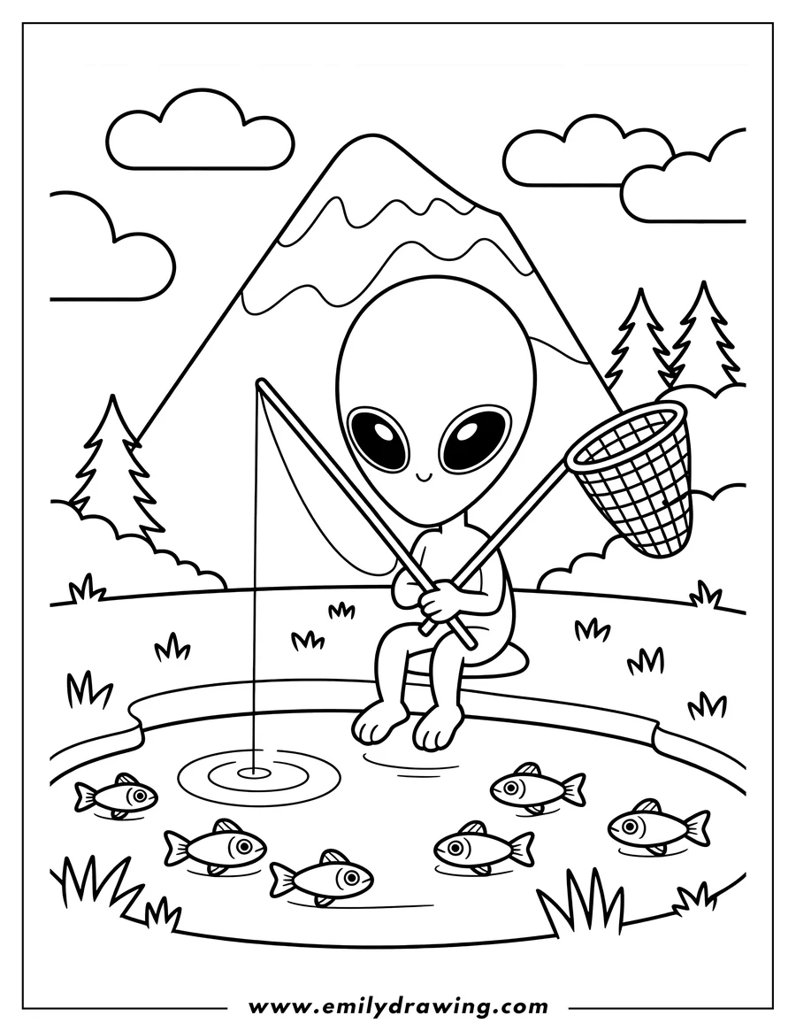 Outline of a friendly alien character sitting by a pond, holding a fishing pole and a net, with fish swimming in the water and mountains in the background.