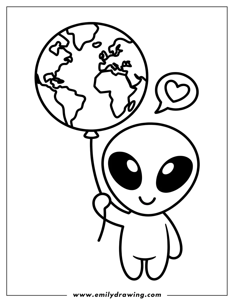 Outline of a friendly alien with big eyes and a smile, holding a balloon shaped like planet Earth, with a heart in a speech bubble next to its head.