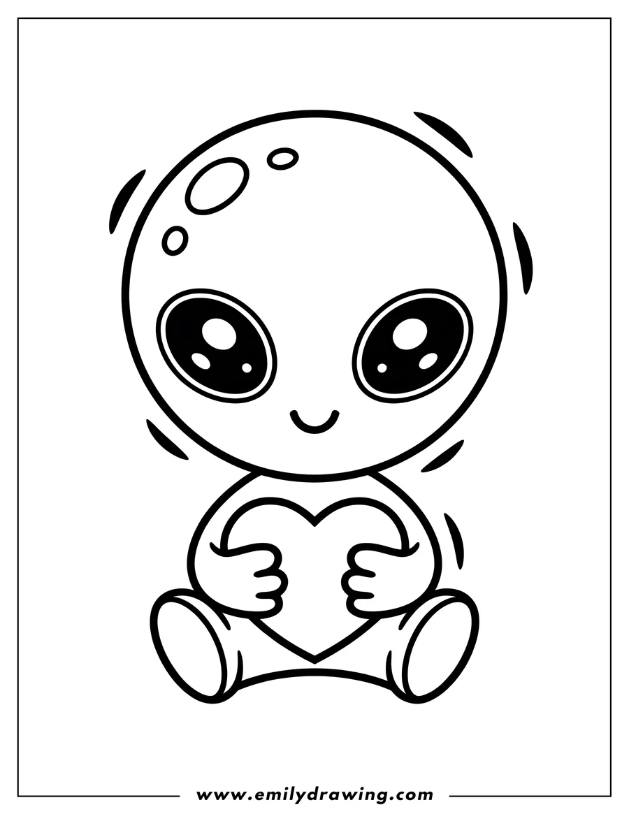Line art of a cute, friendly alien with large eyes, sitting and holding a heart shape.