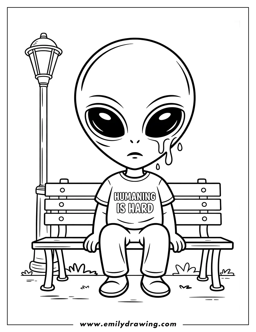 Line art of a sad-looking alien character with big eyes, wearing a t-shirt that says 'HUMANING IS HARD', sitting on a park bench next to a tall lamppost.