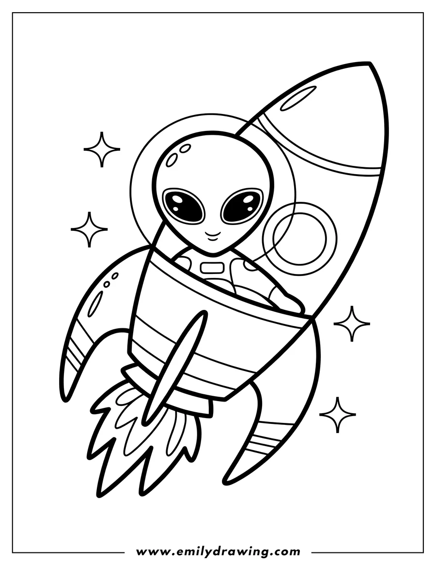 Line art of a friendly alien character with large eyes, smiling, peeking out of a rocket ship that is blasting off, with stars in the background.