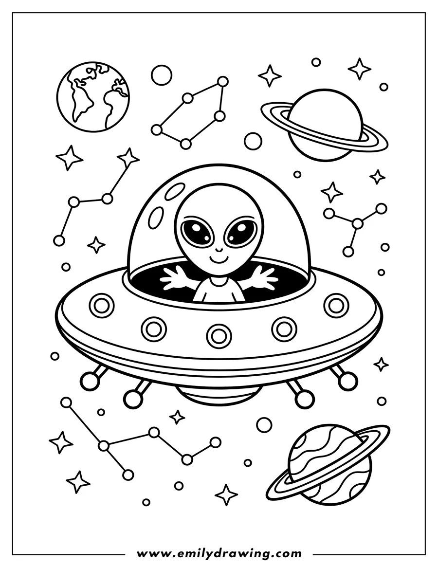Line art of a happy alien waving from inside a flying saucer spaceship, surrounded by planets, stars, and constellations.
