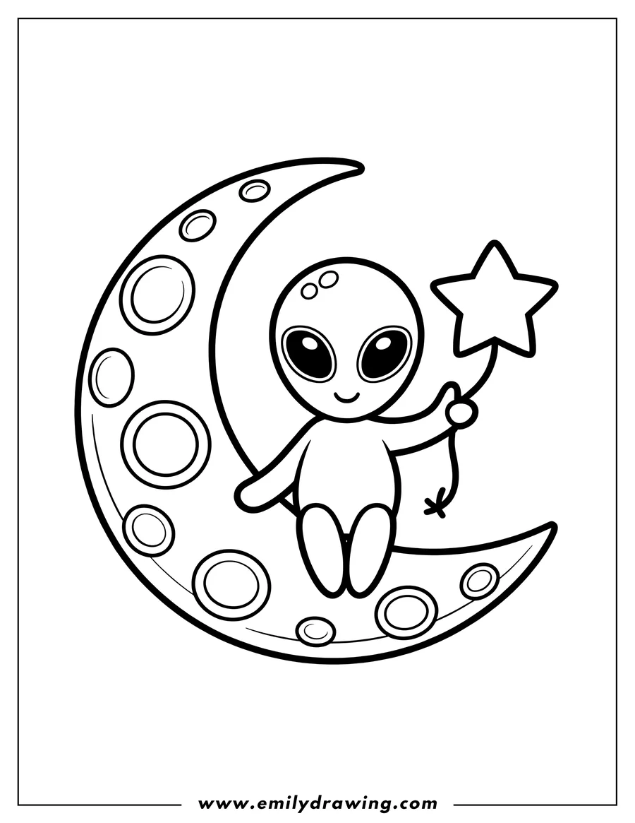 Line art of a cute alien sitting on a crescent moon and holding a star by a string