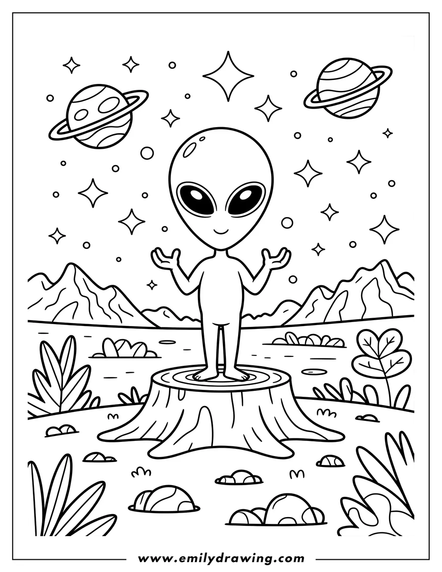 Line art of a friendly alien standing on a tree stump in a landscape with mountains, plants, stars, and planets in the sky