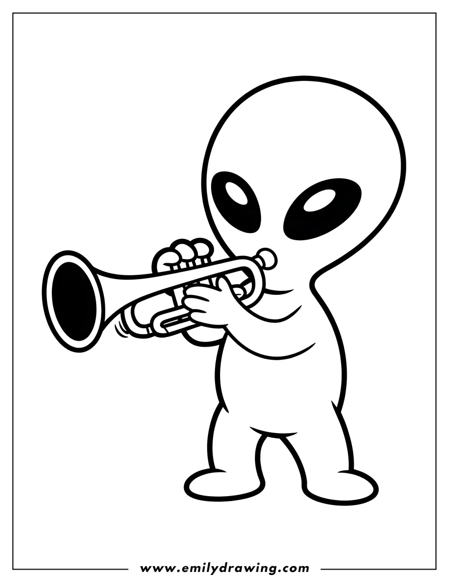 Line art of a cartoon alien with large eyes playing a trumpet, holding the instrument to its mouth with both hands.