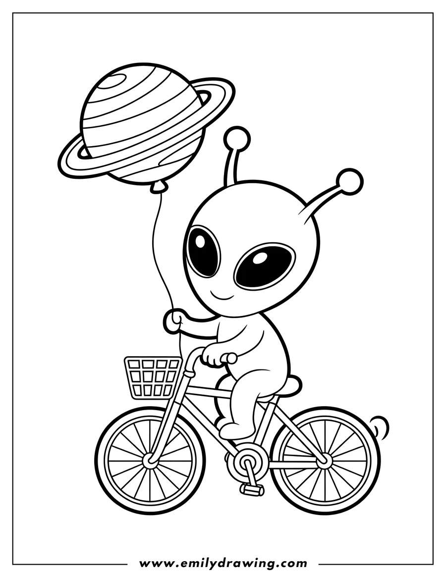Line art of a cute alien riding a bicycle while holding a planet-shaped balloon.