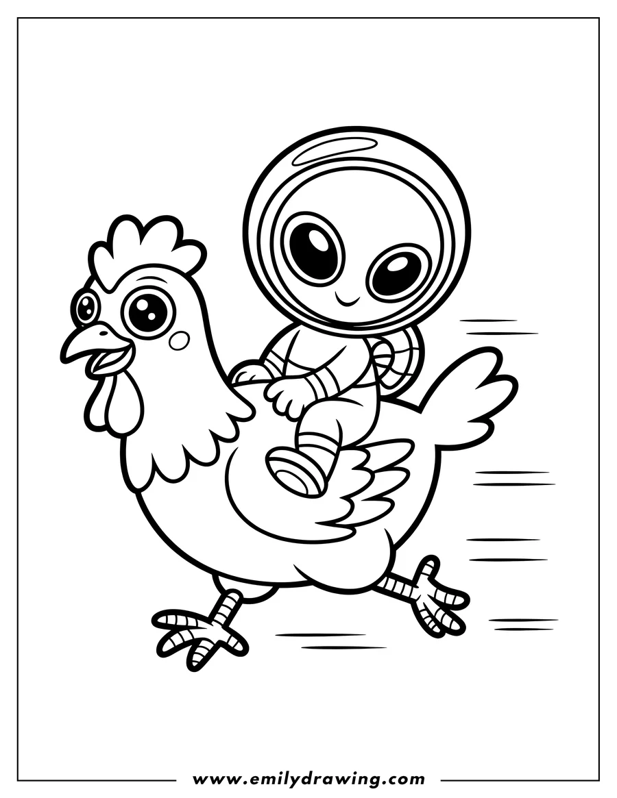 Line art of a small, big-eyed alien in a spacesuit riding on the back of a large, smiling chicken that is running fast.