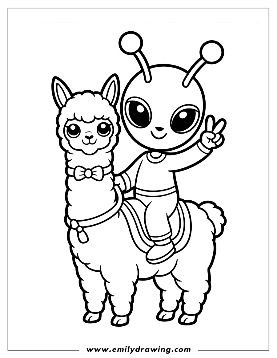 Outline of a cheerful alien riding a fluffy llama, making a peace sign with its hand.