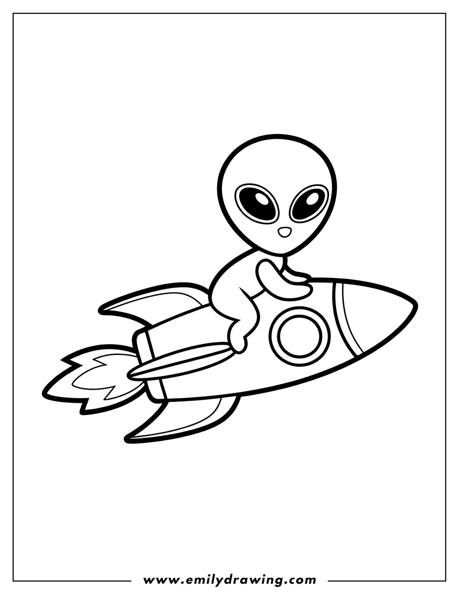 Line art of a small, big-eyed alien character riding on top of a rocket ship with flames coming from the exhaust.