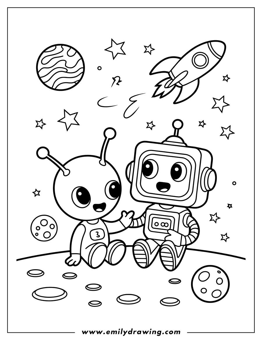 Line art of a friendly alien and a robot sitting together on the moon, with a rocket ship flying above, stars, and planets in the background.