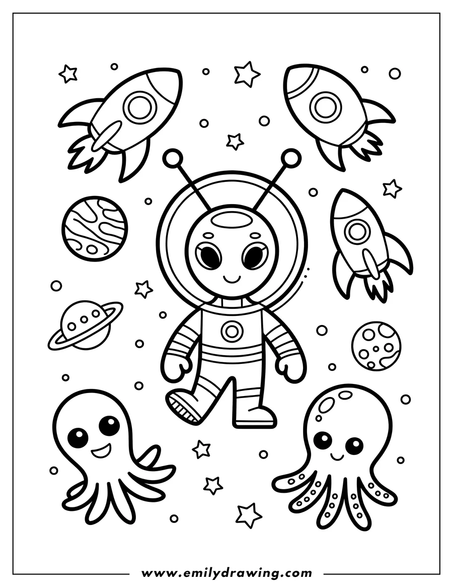 Line art of a friendly alien in a space suit, surrounded by rockets, planets, stars, and two cute octopuses.