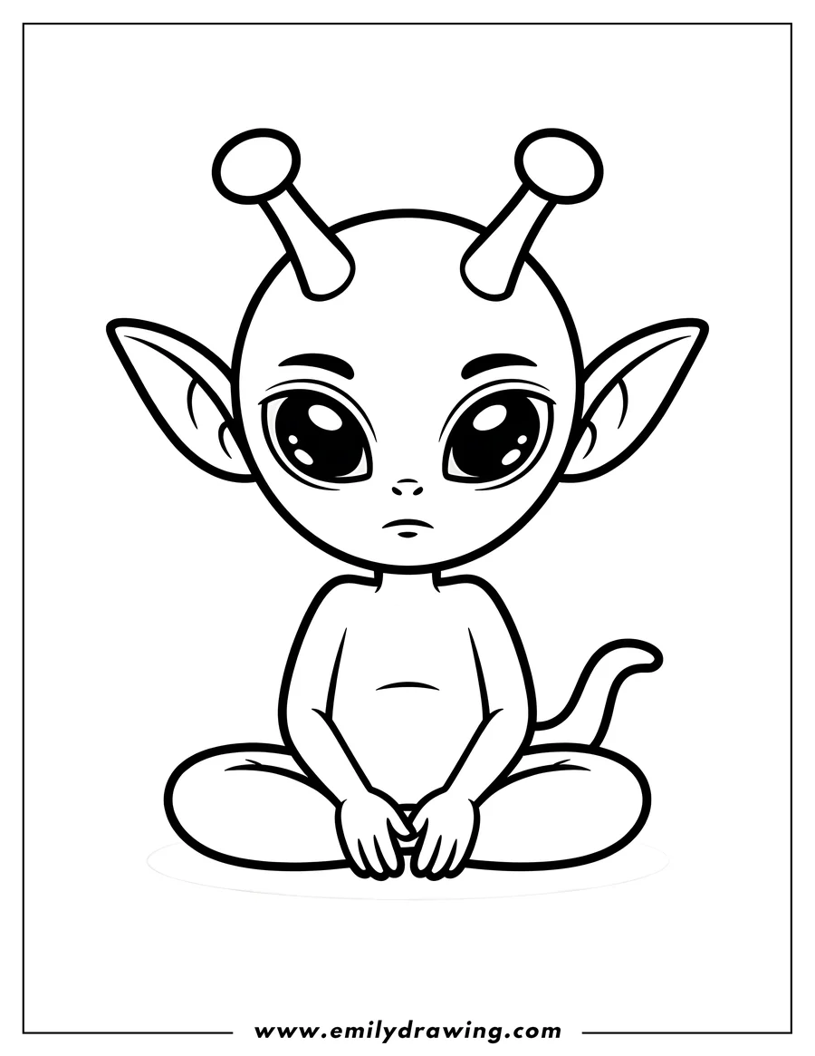 Line art of a small, cute alien character with large eyes, pointy ears, and two antennae on its head, sitting cross-legged with its hands clasped.