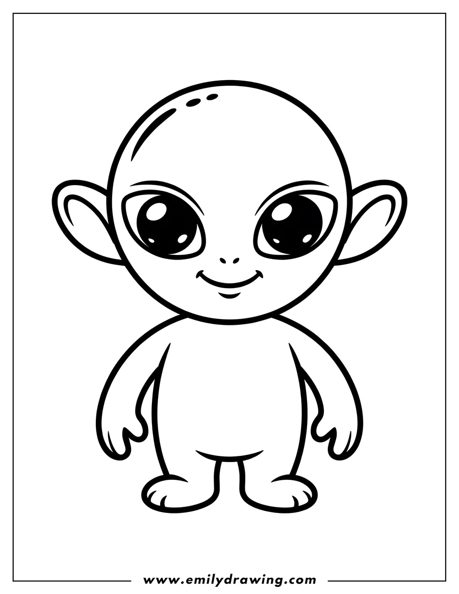 Line art of a friendly, small alien with a large bald head, big eyes, and a small smile.