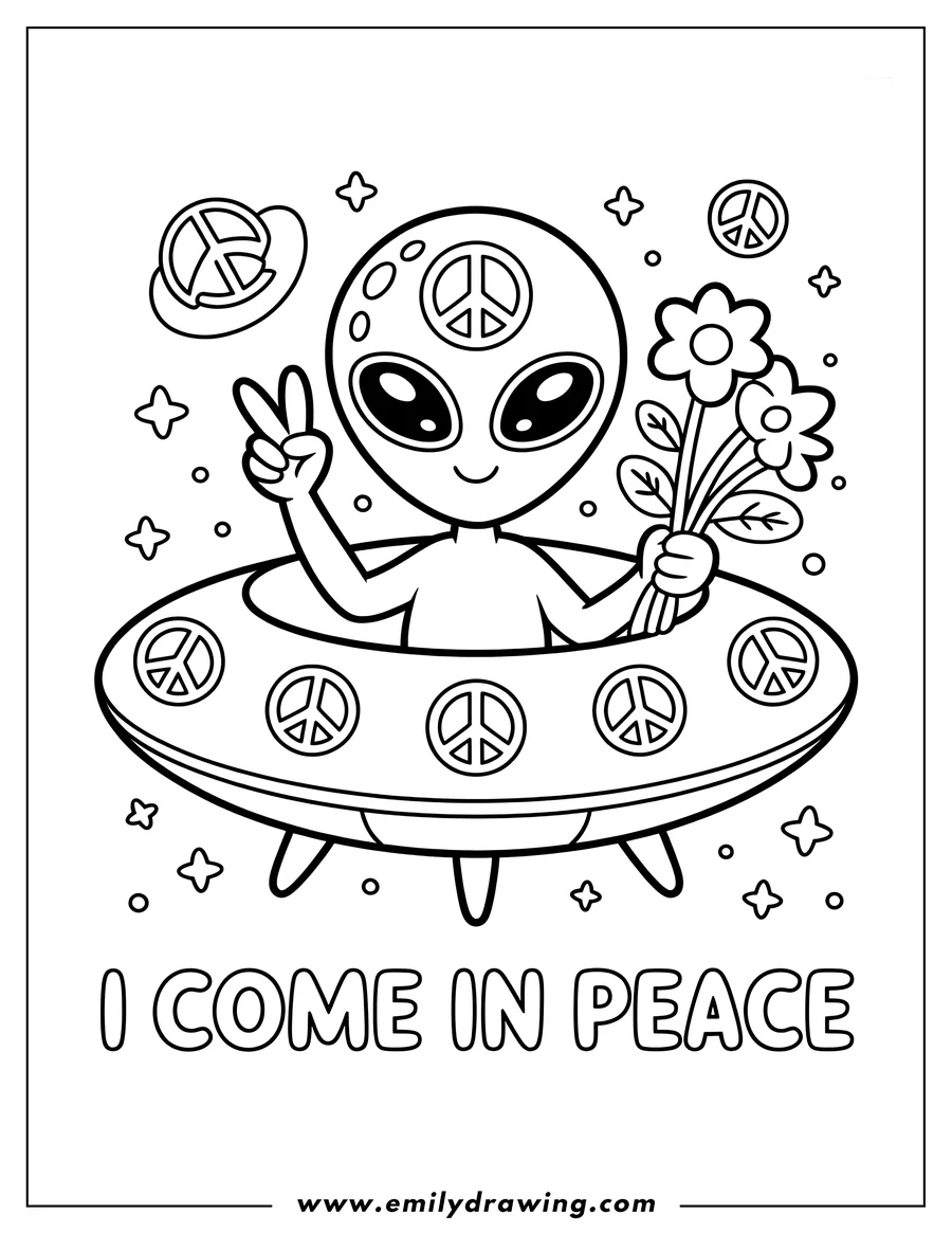 Outline of a friendly alien in a flying saucer, holding a bouquet of flowers and making a peace sign, with additional peace symbols on its head and spaceship.