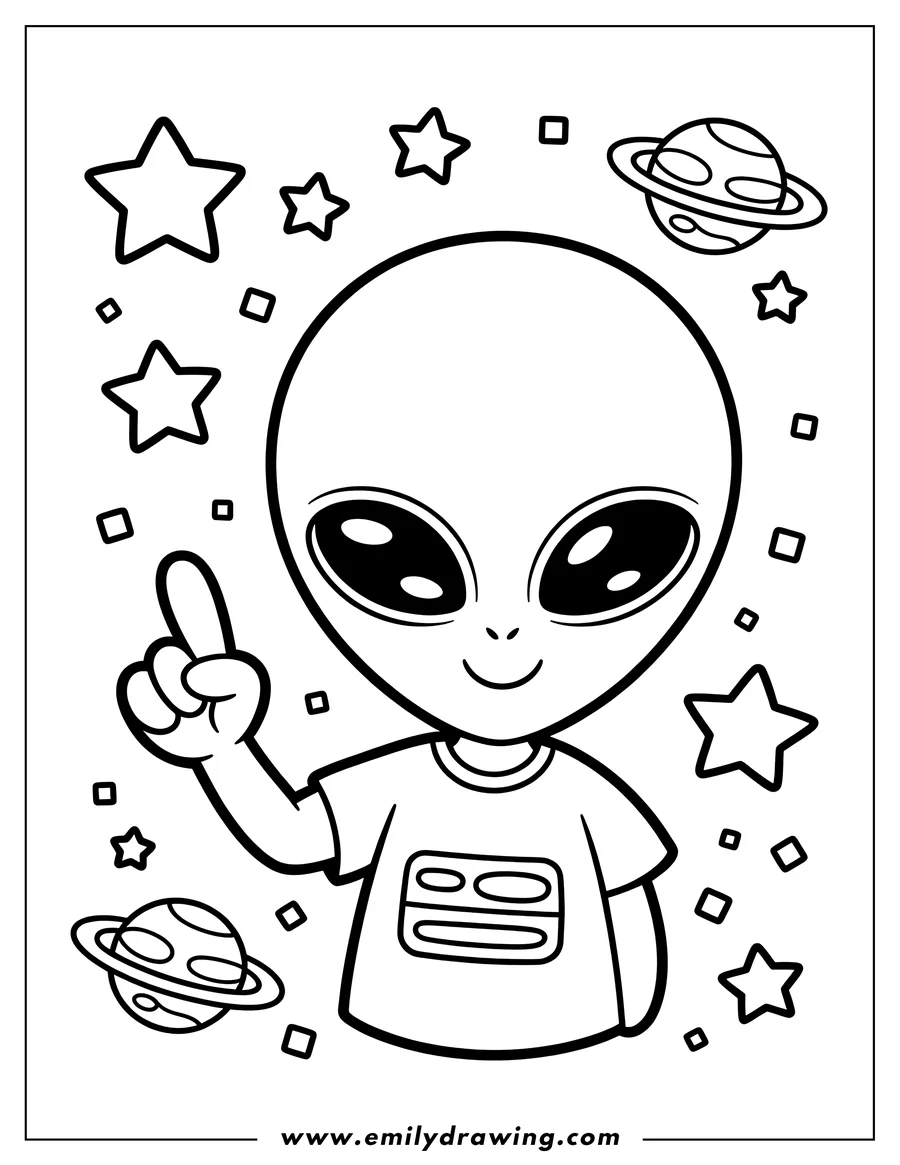 Line art of a cartoon alien with large eyes and a friendly smile, pointing one finger upwards, surrounded by stars and planets with rings.