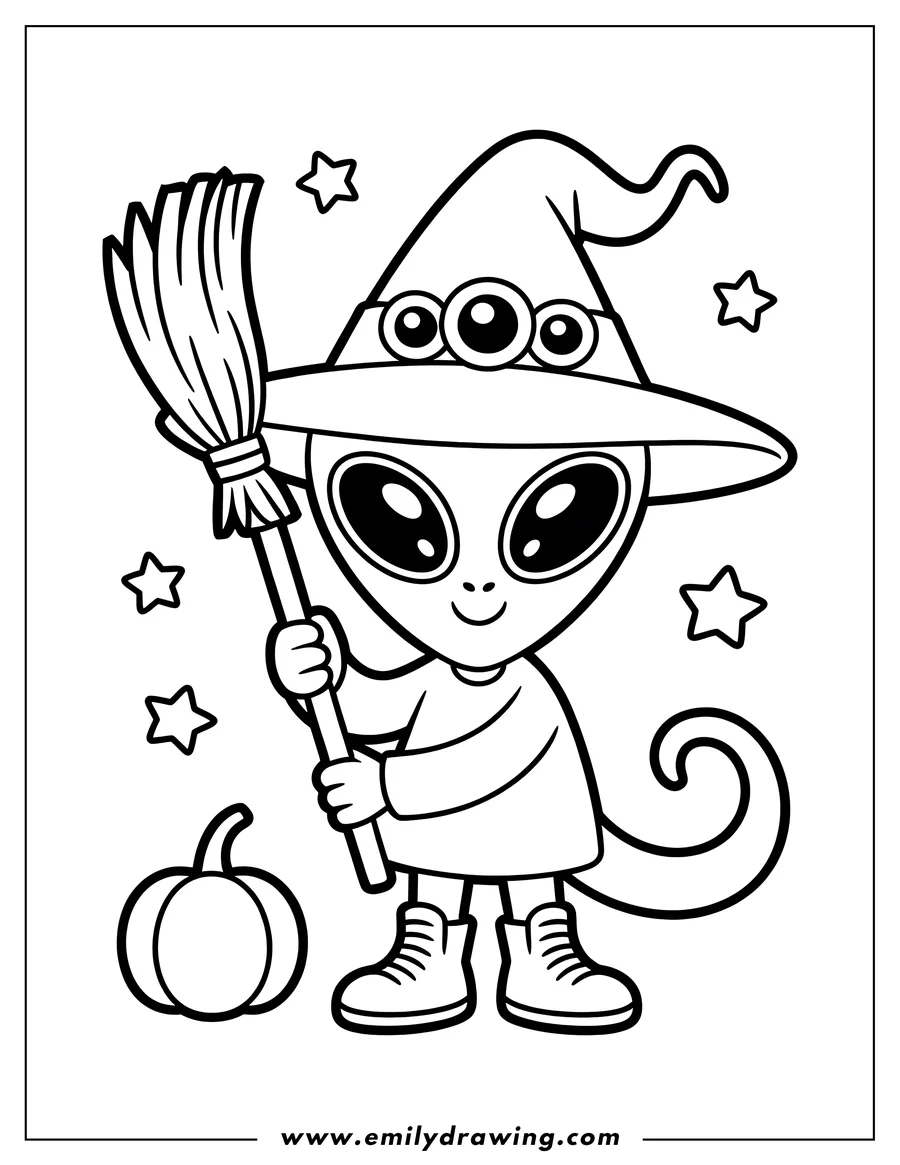 Line art of a friendly alien character wearing a witch hat with eyes, holding a broom, with a pumpkin and stars in the background.