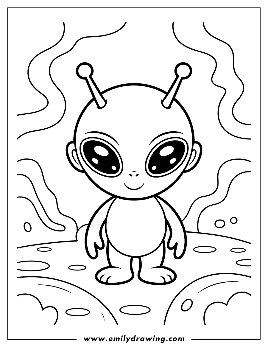 Line art of a friendly alien character with large eyes and two antennae, standing on a textured planet surface with wavy lines in the background.