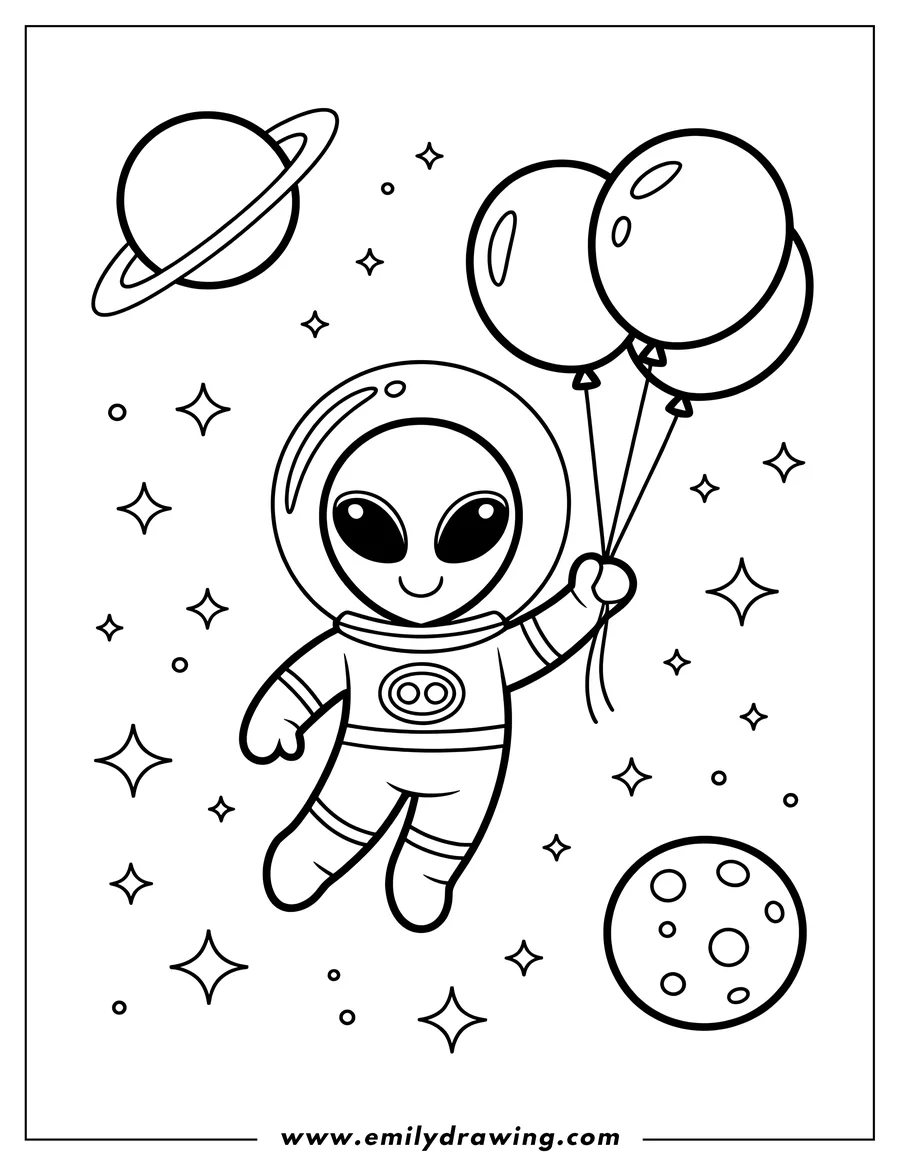 Line art of a smiling alien in a space suit holding three balloons, floating in space with a ringed planet, a moon, and stars.