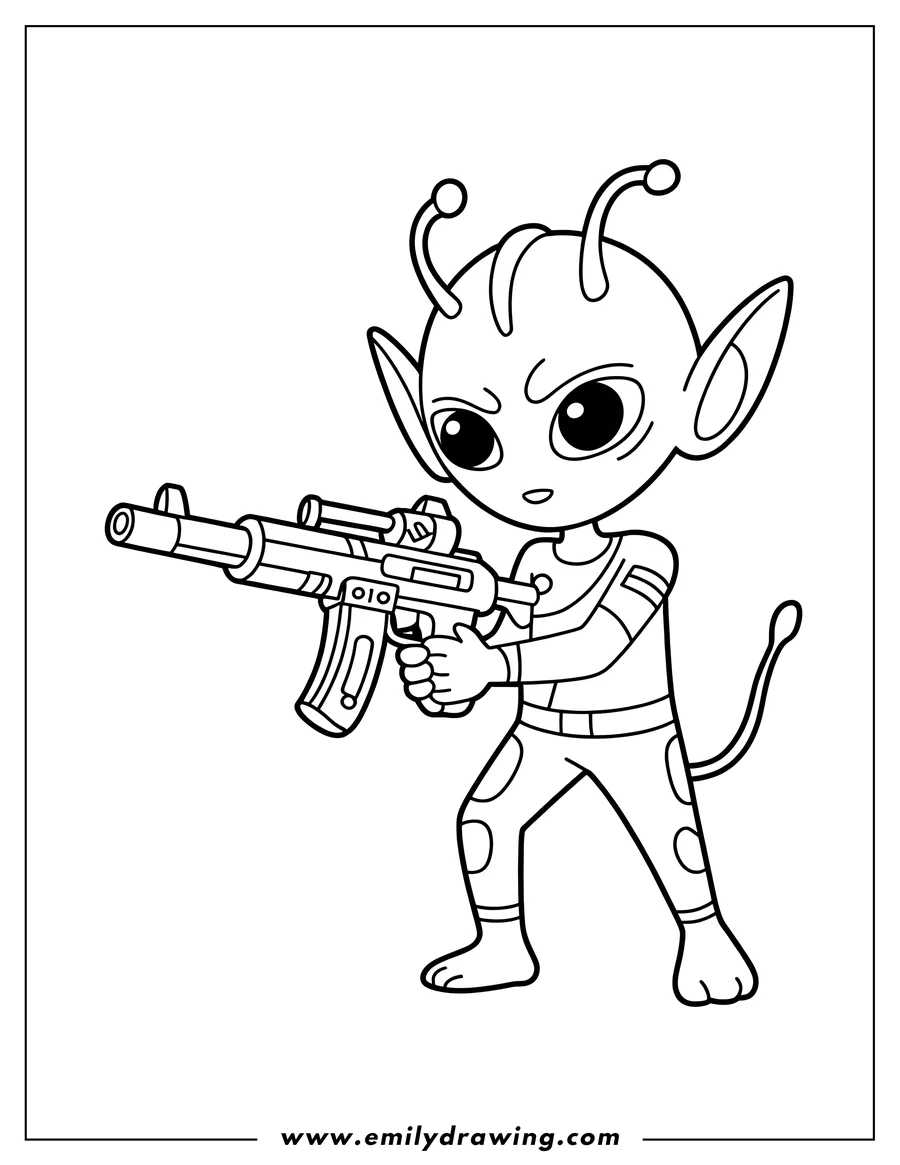 Line art of a cartoon alien holding a blaster, ready for action.
