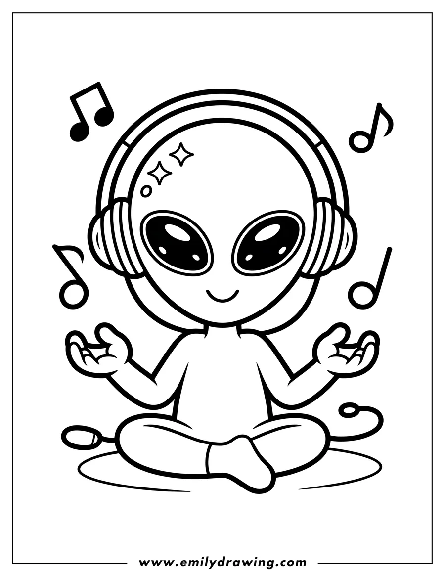 Line art of a cute alien creature sitting cross-legged and wearing large headphones, with musical notes floating around it.