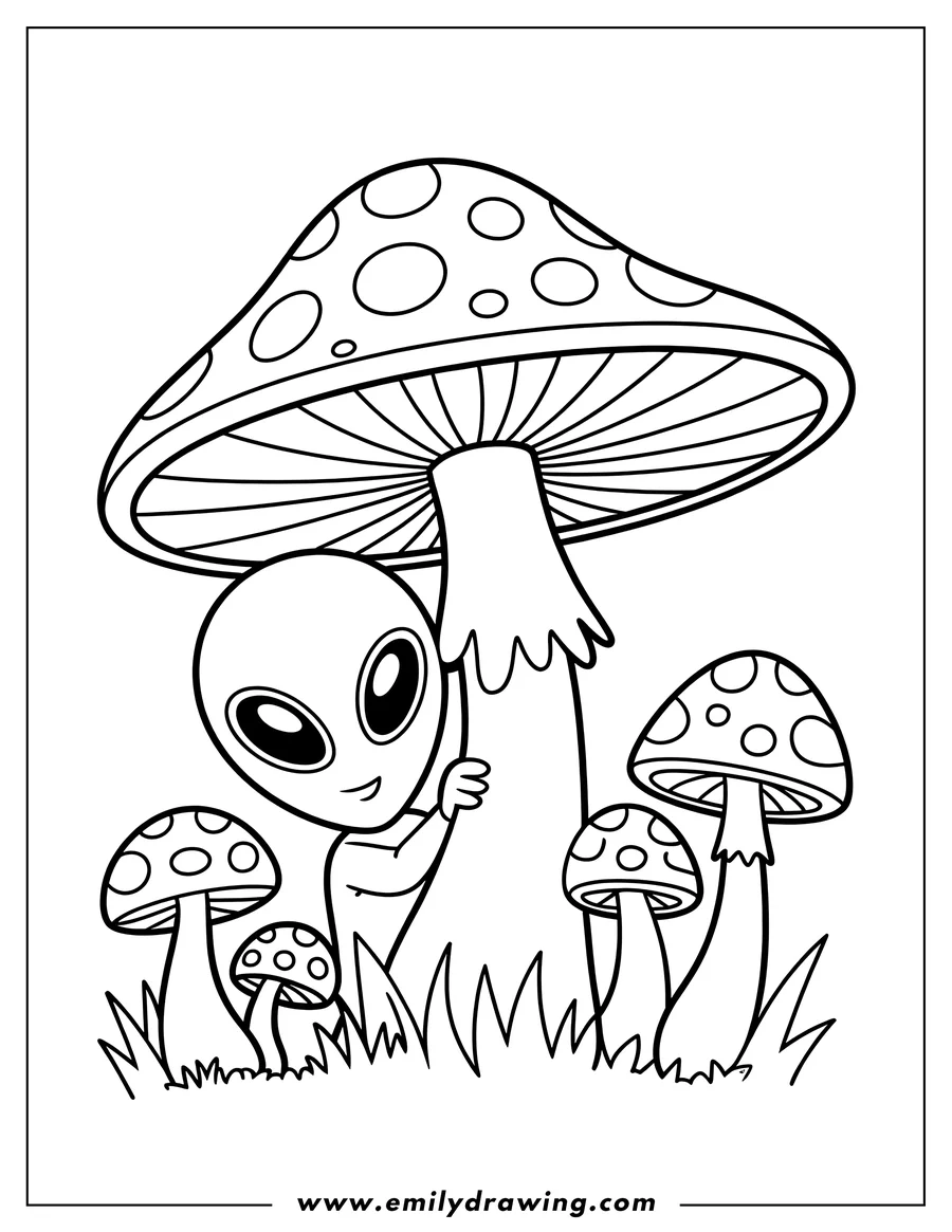 Outline of a friendly alien peeking from behind a large mushroom, surrounded by smaller spotted mushrooms and grass.