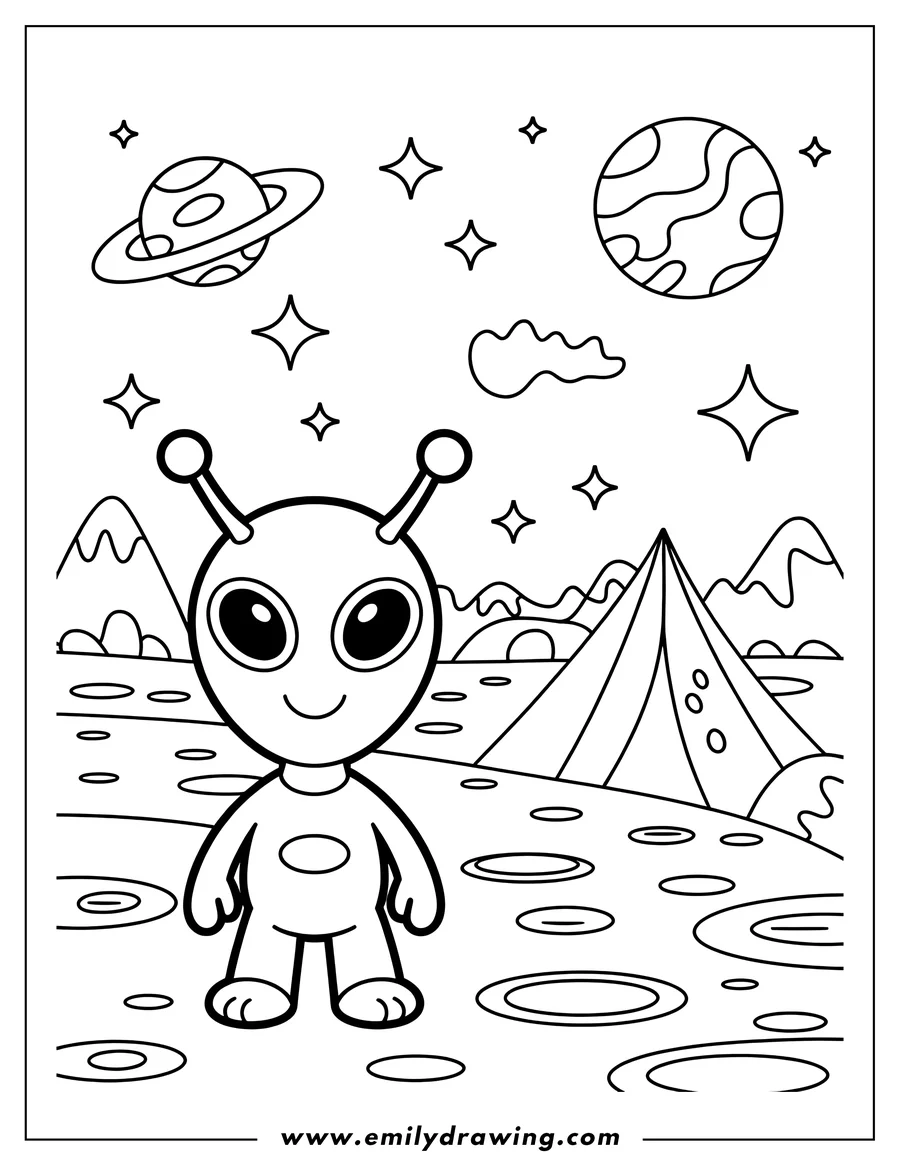 Line art of a friendly alien standing on a planet with craters, with mountains, a space tent, planets, and stars in the background.
