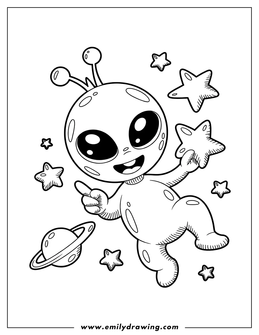 Line art of a cartoon alien happily floating among stars and a ringed planet, holding one star and pointing.