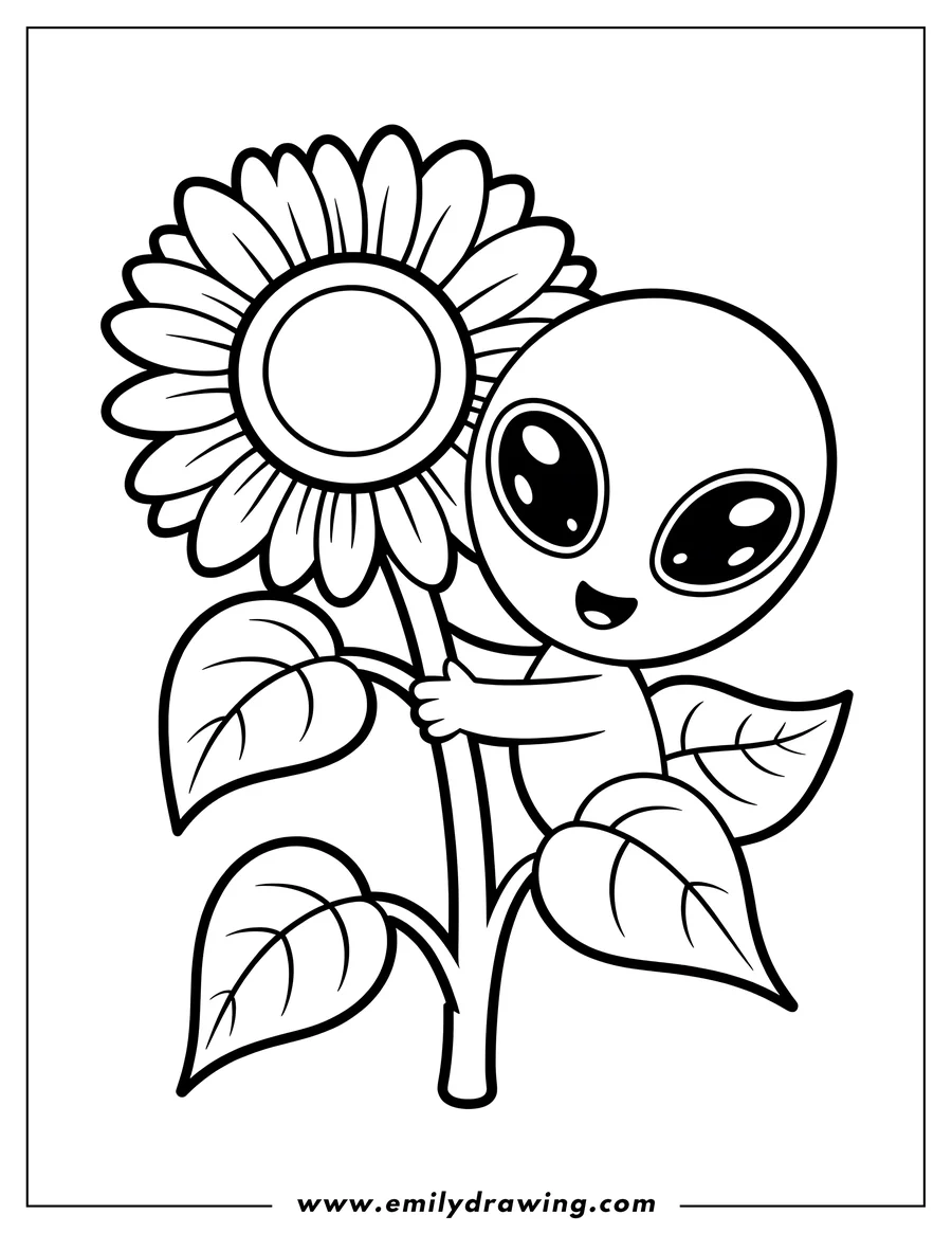 Line art of a happy, wide-eyed alien holding onto a large sunflower stem with big leaves.