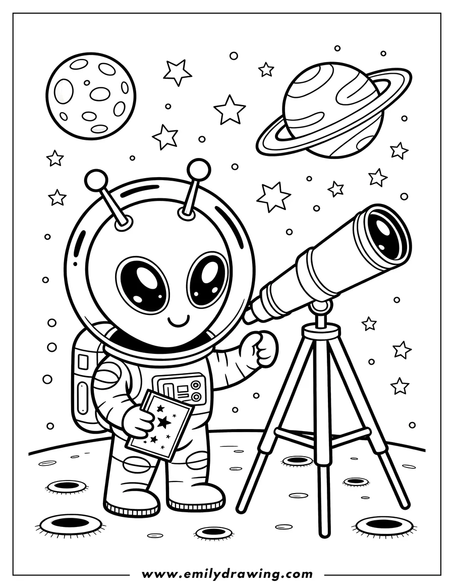 Line art of a cute alien in a spacesuit standing on the moon with a telescope, looking at a planet and stars.
