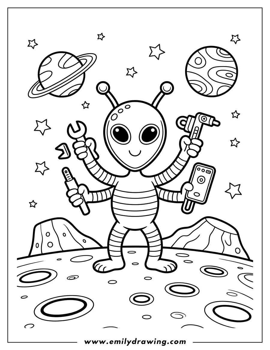Line art of a multi-armed alien holding various tools while standing on a cratered moon surface, with planets and stars in the background.