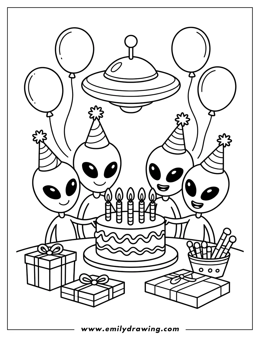 Outline of four smiling aliens wearing party hats, gathered around a birthday cake with lit candles. Gift boxes, balloons, a bowl of party favors, and a flying saucer are also depicted.