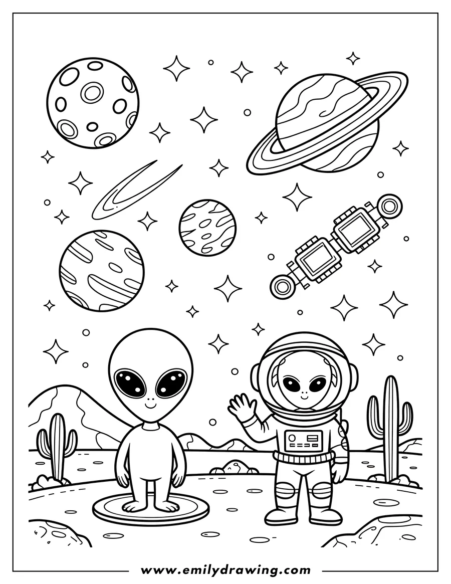Outline of two friendly aliens on an alien planet with cactuses, surrounded by planets, stars, a comet, and a satellite.