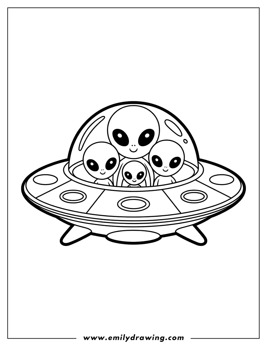Outline of four happy aliens, two adults and two children, sitting inside a flying saucer or UFO with a dome top.