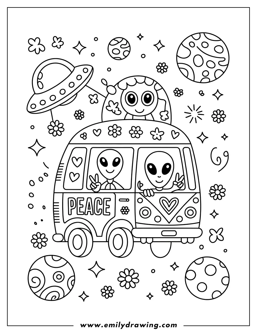 Line art of friendly aliens riding in a decorated van with 'PEACE' on the side, surrounded by planets, stars, and a small UFO.
