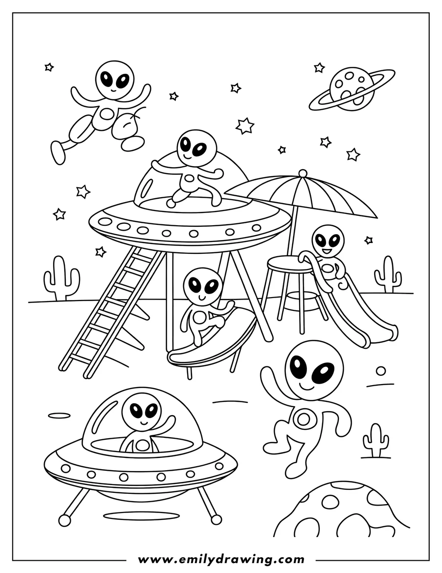 Line art of multiple small, friendly aliens playing on a playground with a ladder, slide, and umbrella. One alien is flying with a jetpack, another is in a UFO. Stars, cactuses, and a planet are in the background.