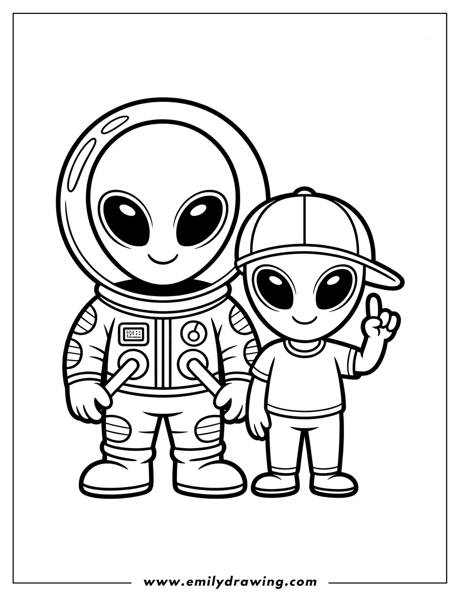 Line art of two friendly cartoon aliens; one in a full spacesuit and the other wearing a t-shirt, pants, and a backward baseball cap, pointing up.