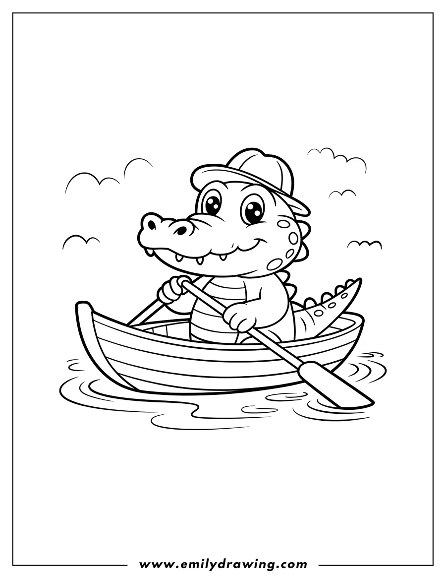 Outline of an alligator wearing a baseball cap rowing a small wooden boat on the water.