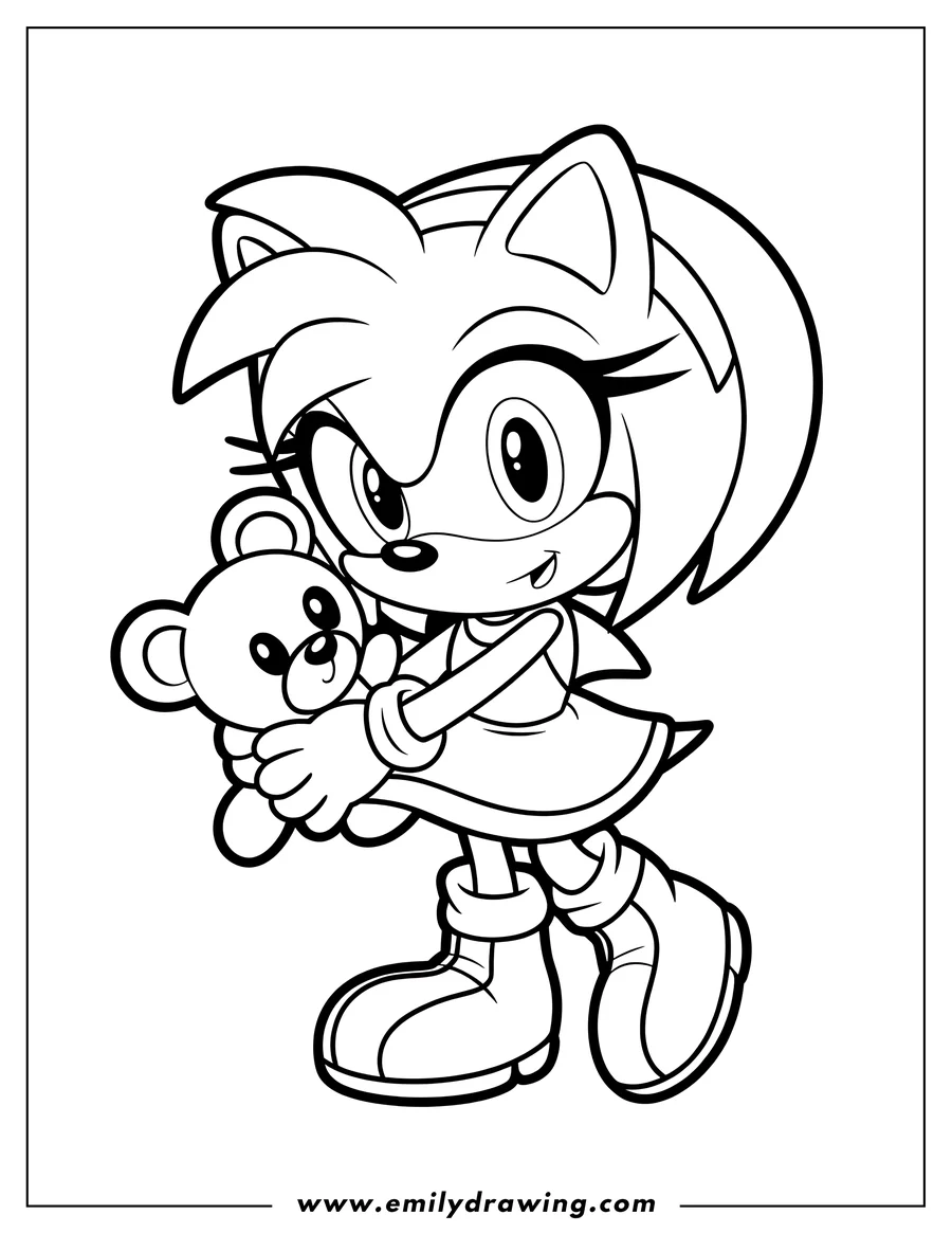 Line art of Amy Rose from Sonic the Hedgehog, smiling while holding a small teddy bear.