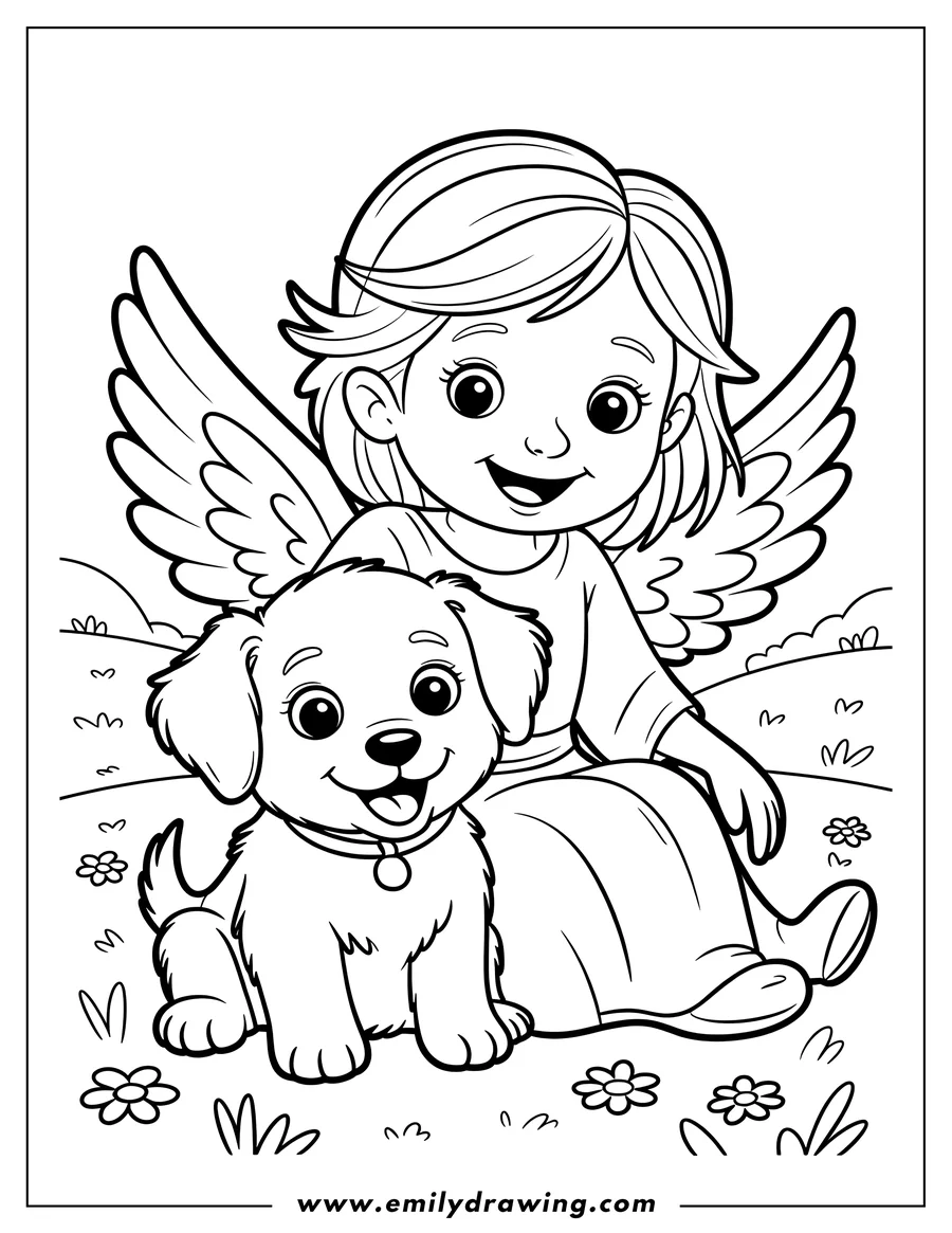 Line art of an angel sitting with a puppy in a field of flowers.