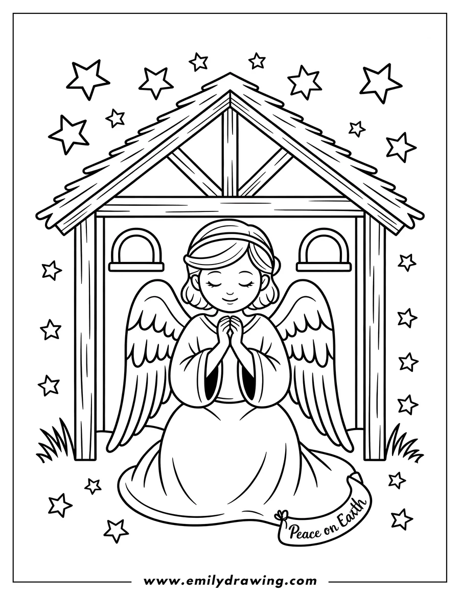 Line art of an angel kneeling in prayer by a manger, with stars shining overhead. A banner reads 'Peace on Earth'.