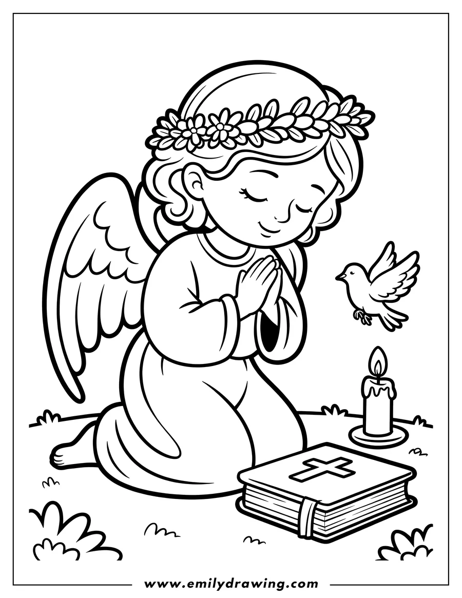 Line art of an angel kneeling with hands clasped in prayer. A dove flies nearby, and a bible rests on the ground beside a lit candle.