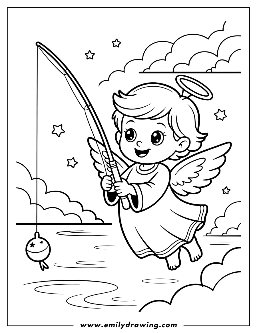 Line art of an angel fishing amongst stars. They hold a fishing rod and have a halo above their head.