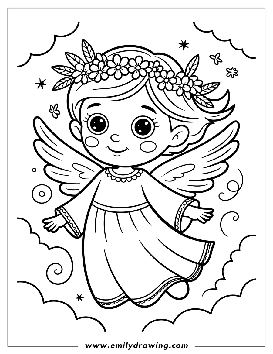 Line art of an angel wearing a flower crown and a flowing robe, with large wings outstretched.