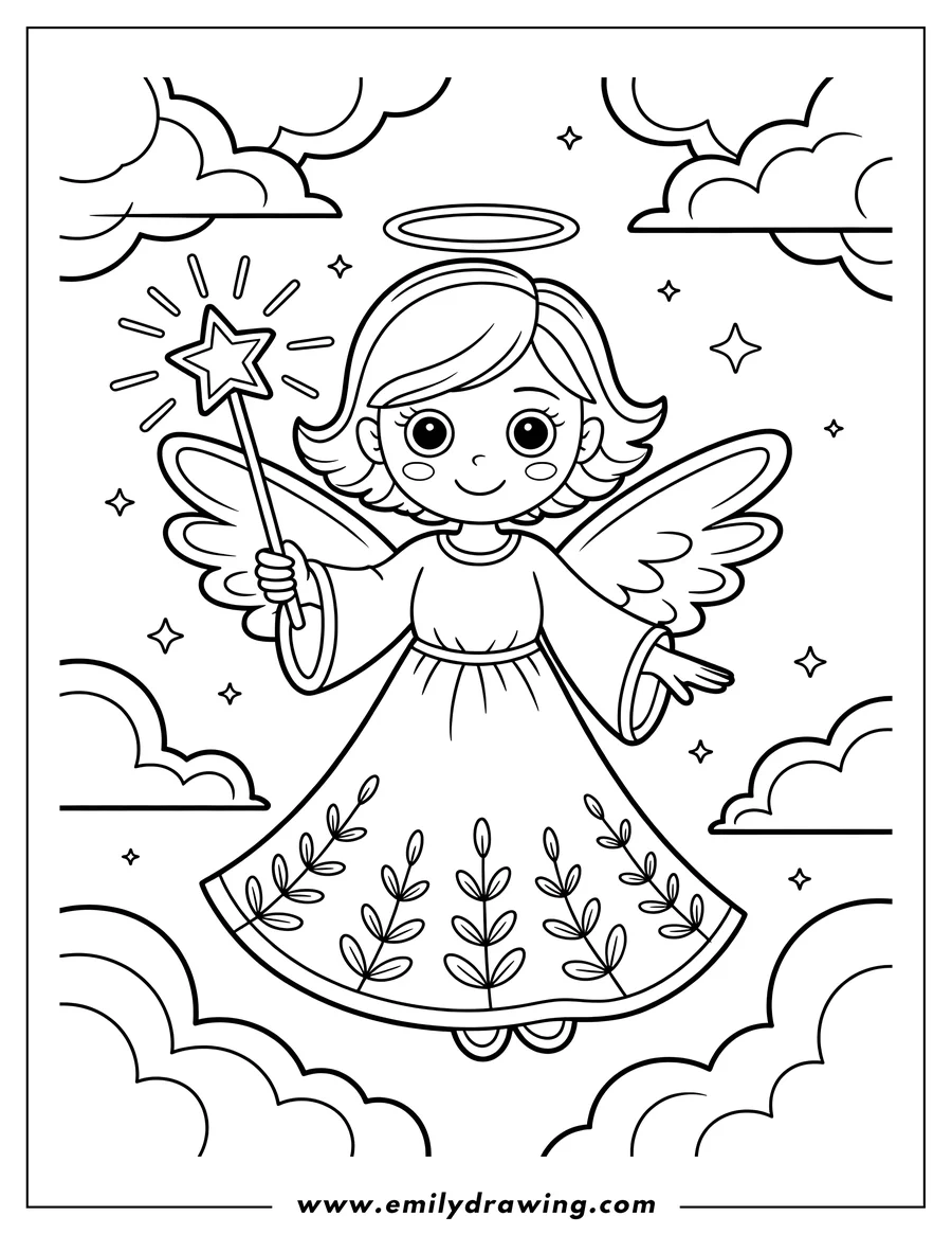 Line art of an angel with wings and a halo, holding a star-tipped wand, flying amongst stylized clouds.
