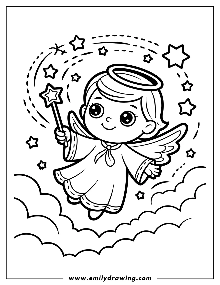 Line art of a smiling angel with a halo and wings, flying in the clouds.  They hold a star-tipped wand, making sparkles fly around them.