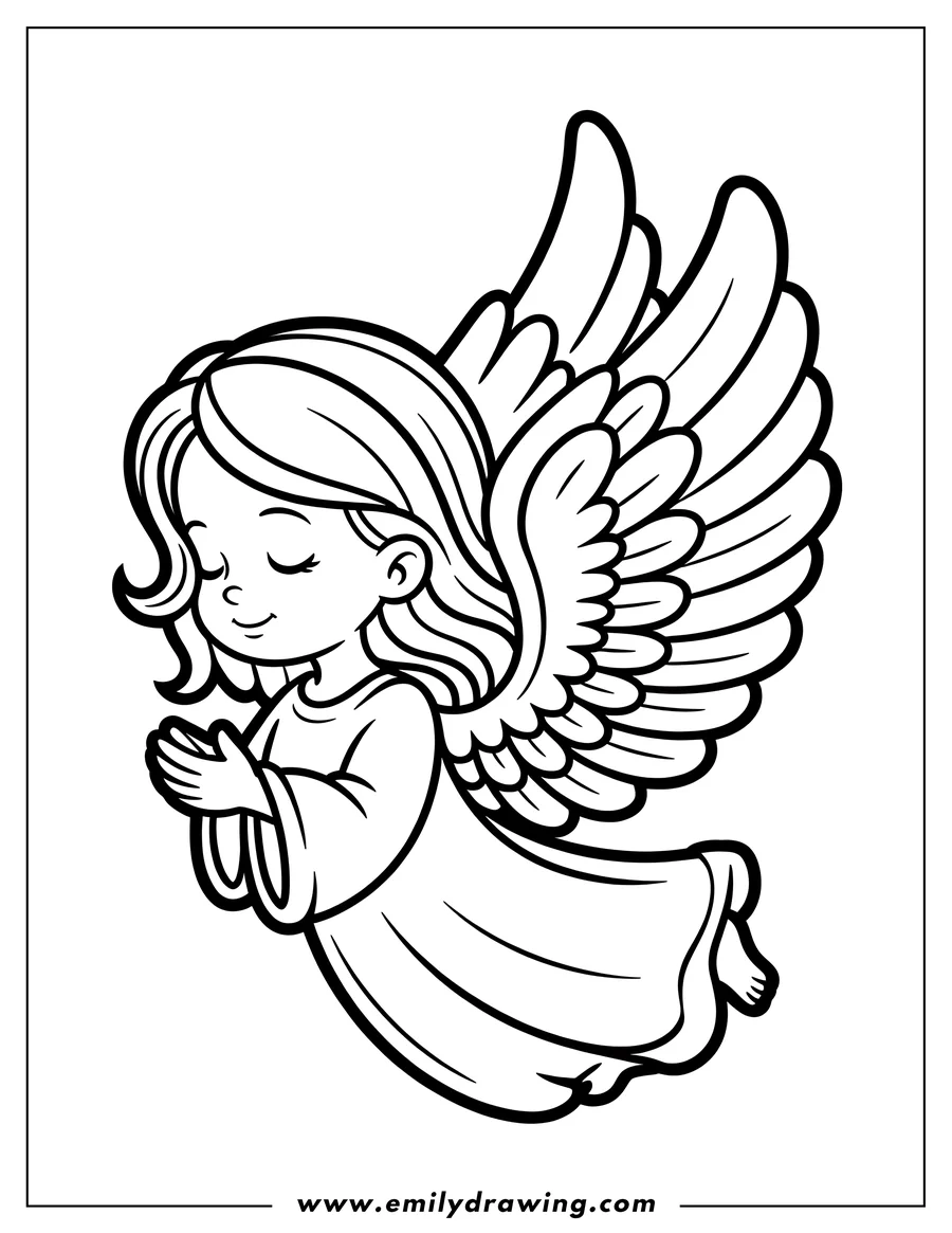 Line art of a gentle angel with large wings, holding her hands together as if in prayer.