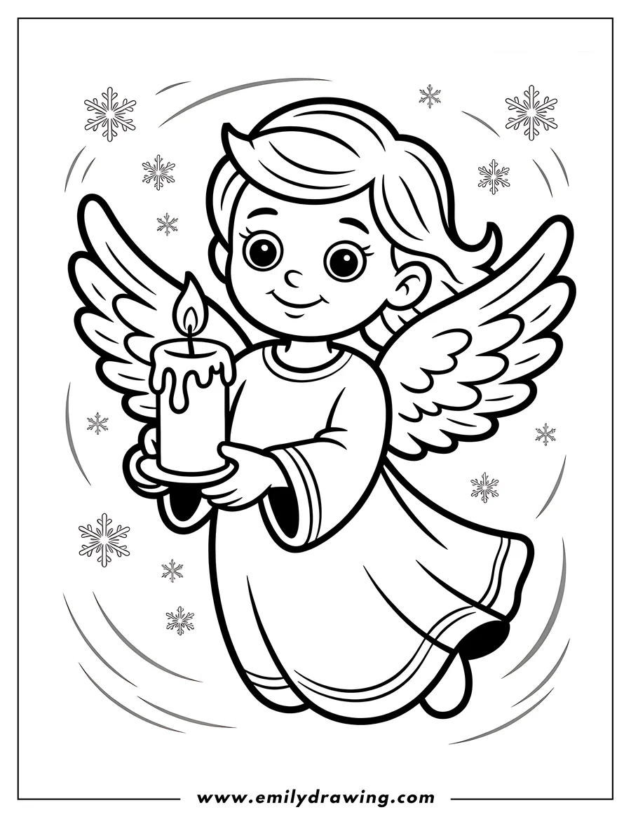 Line art of an angel holding a lit candle, with snowflakes gently falling around it.
