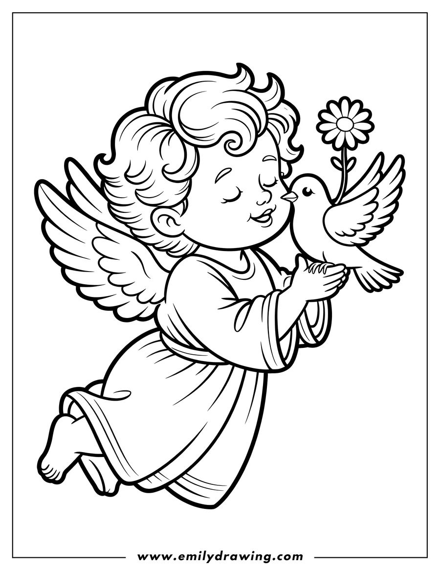 Line art of an angel gently kissing a dove. The angel has large wings and flowing robes. A small flower is held in the dove's beak.