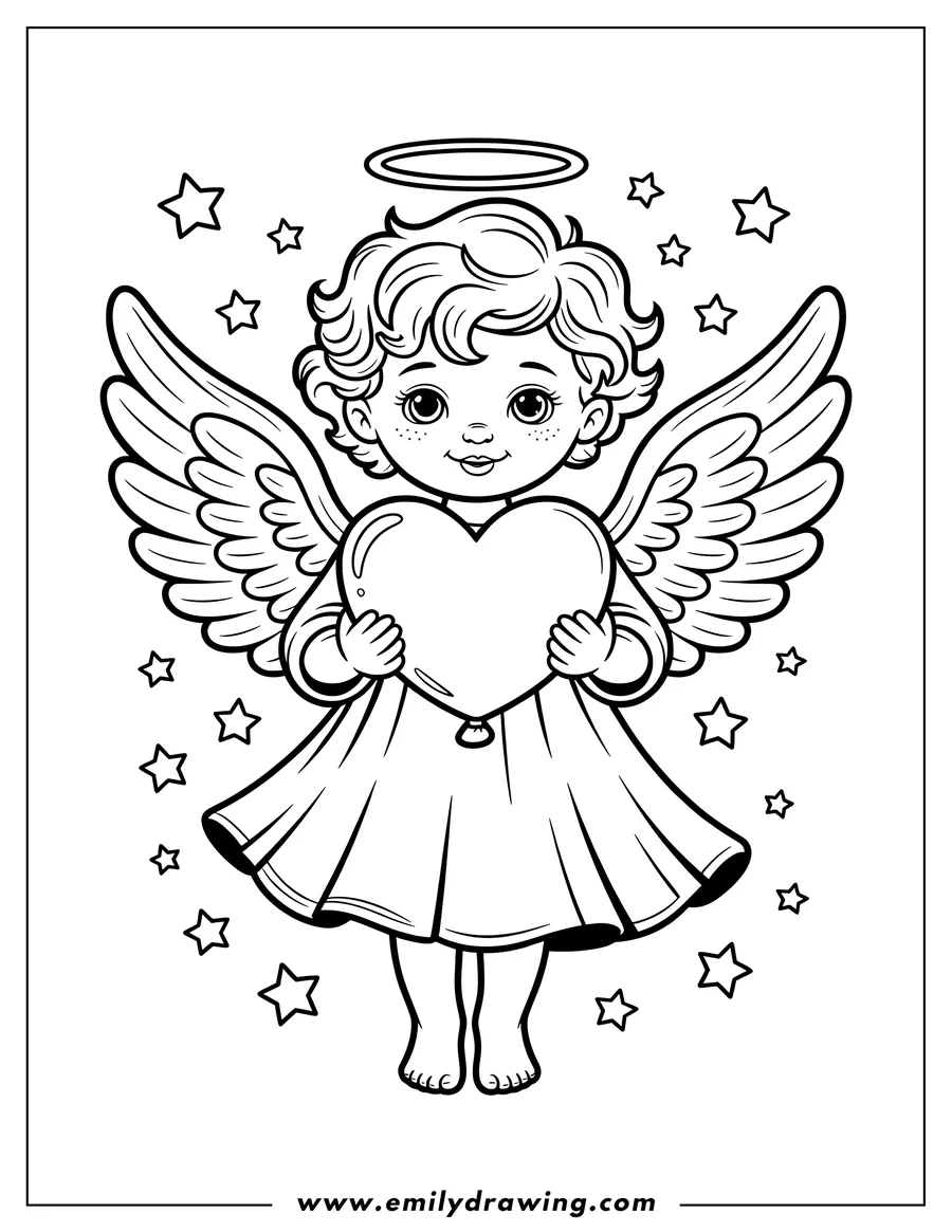 Line art of a cherubic angel holding a large heart, surrounded by stars.