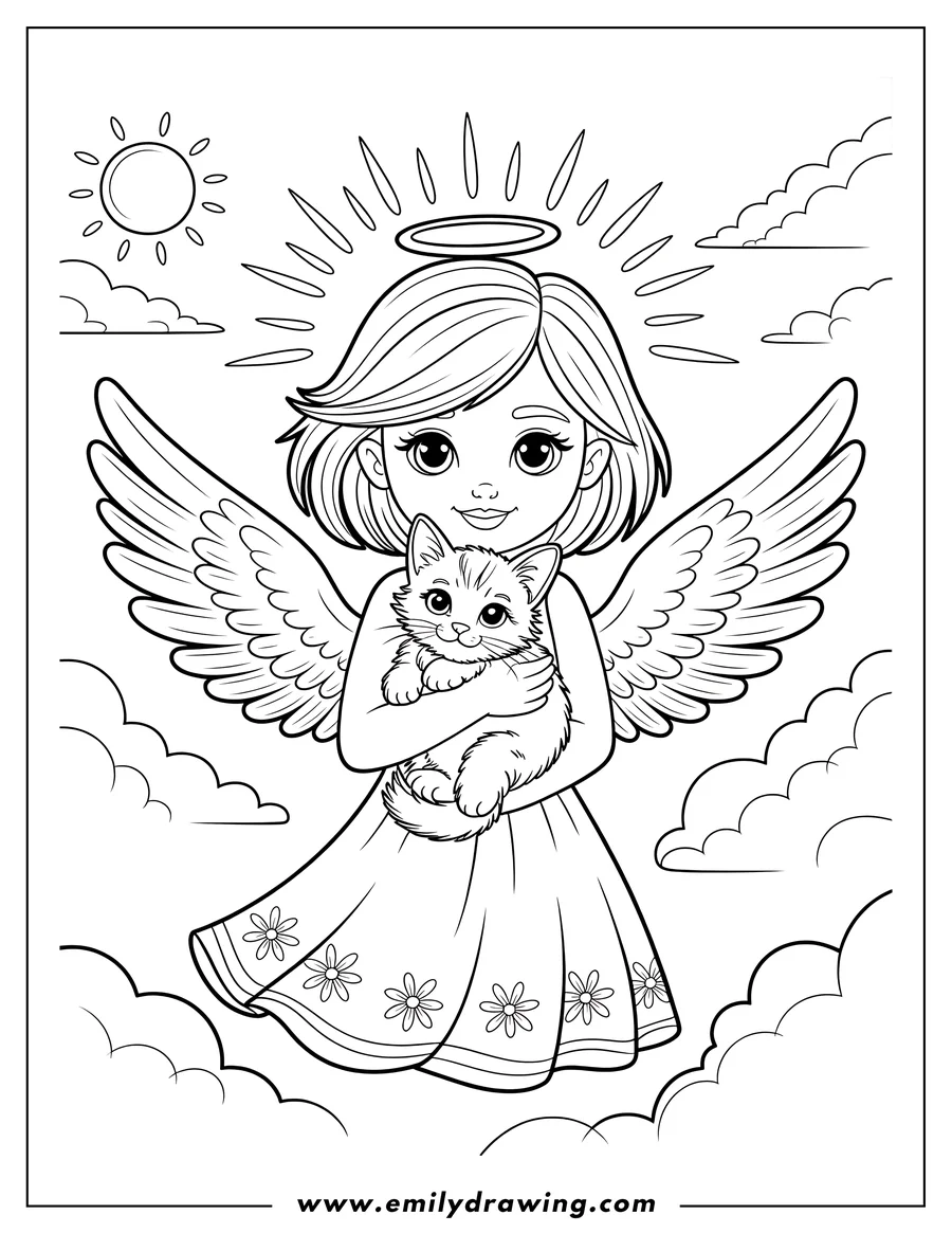 Line art of a smiling angel holding a fluffy kitten, set against a backdrop of clouds and a shining sun.